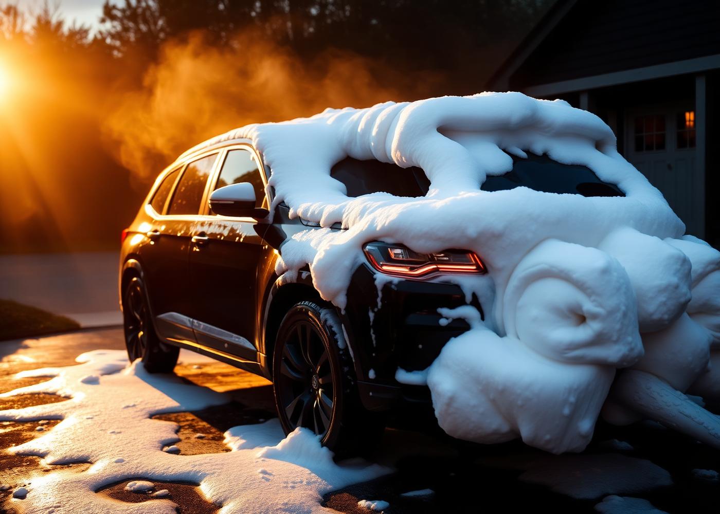 SUV covered in foam during a maintenance wash